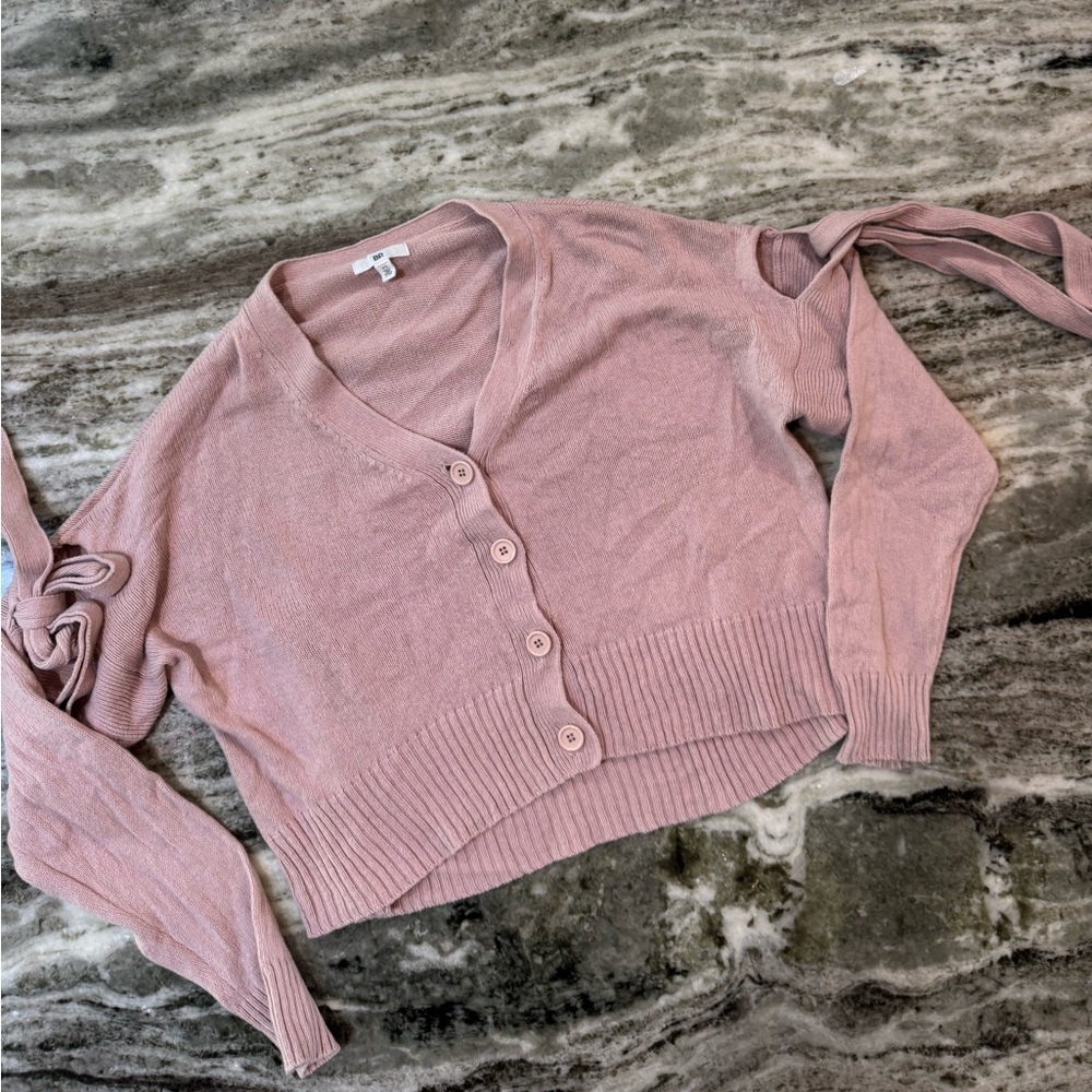 BP Pink Button-Up Cardigan Sweater w/ Ties On Sleeve 
Women’s Size Small